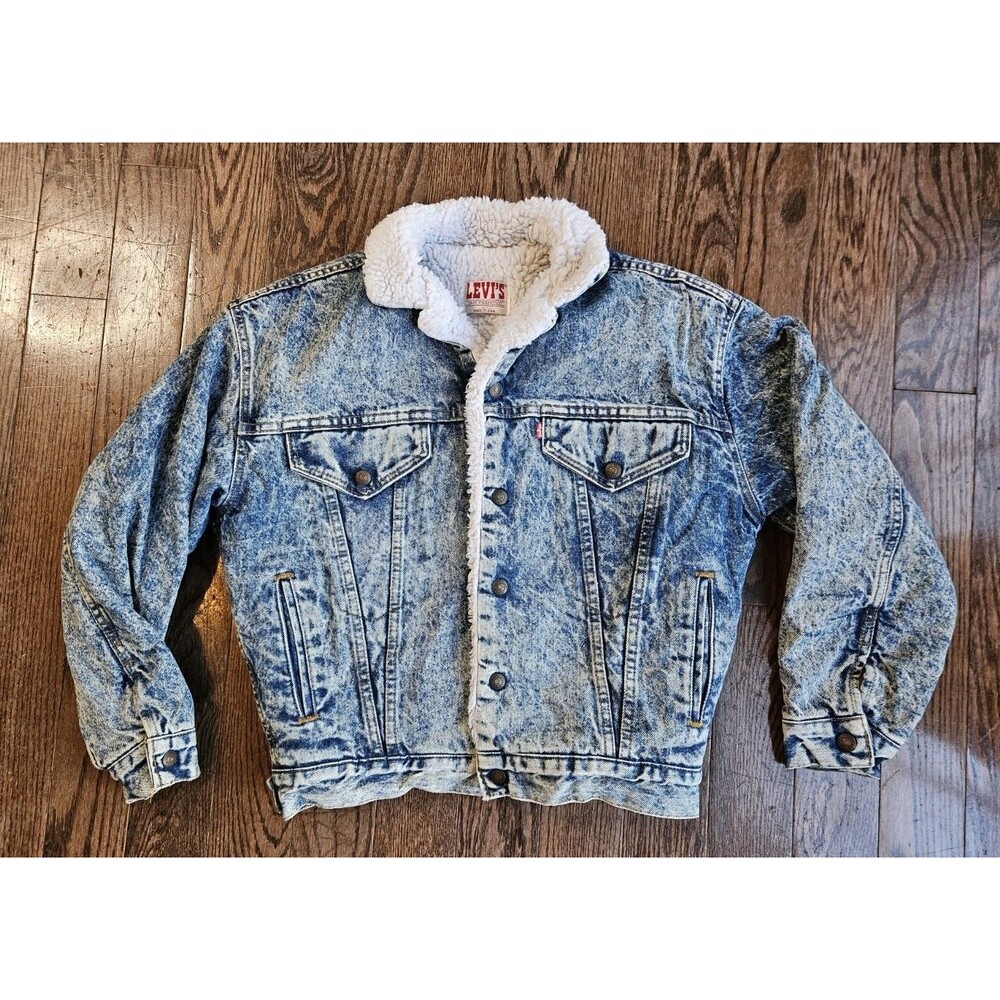 Vtg Womens Levi's Sherpa Acid Wash Trucker Jean Denim Jacket Large 1970s 1980s